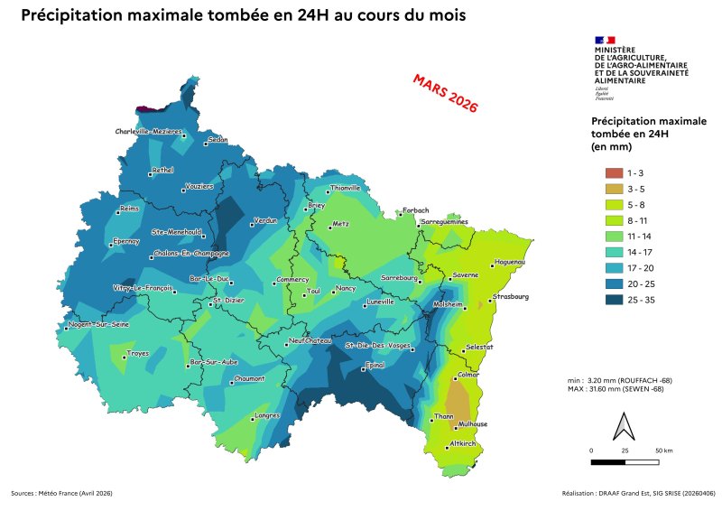 Image 7 : Pr&eacute;cipitation maximale tomb&eacute;e en 24H en f&eacute;vrier 2026 Pr&eacute;cipitation maximale tomb&eacute;e en 24H en mars 2026