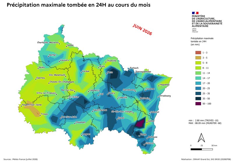 Image 6 : Pr&eacute;cipitation maximale tomb&eacute;e en 24H en juin 2026 
