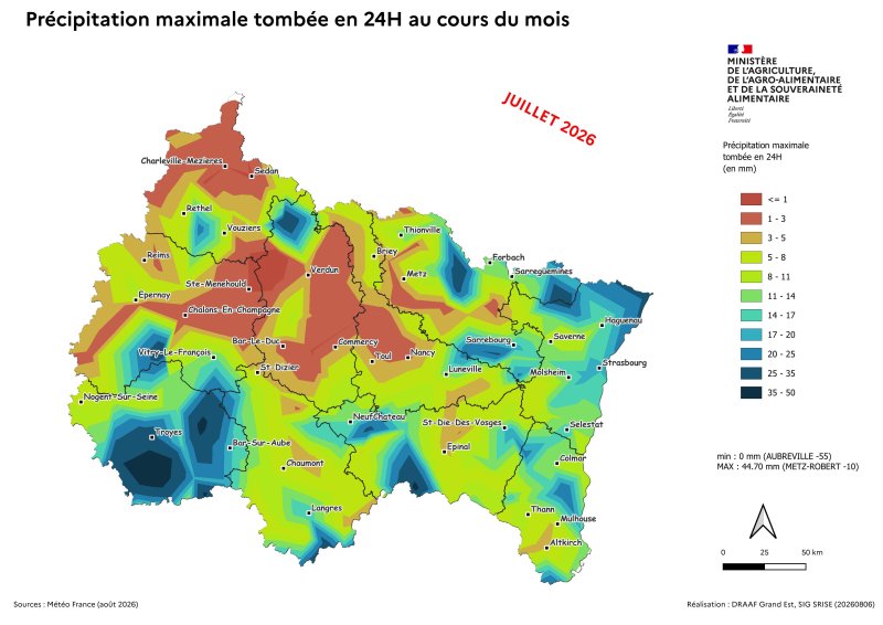 Image 7 : Pr&eacute;cipitation maximale tomb&eacute;e en 24H en juillet 2026 
