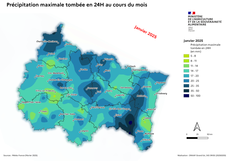 Image 2 : On trouve ces précipitations maximales en janvier 2025 dans les secteurs de Rethel Charleville-Mézières, Verdun - Thionville, Commercy, et le massif vosgien avec des volumes pluviométriques en 24h de30 à 50 mm.