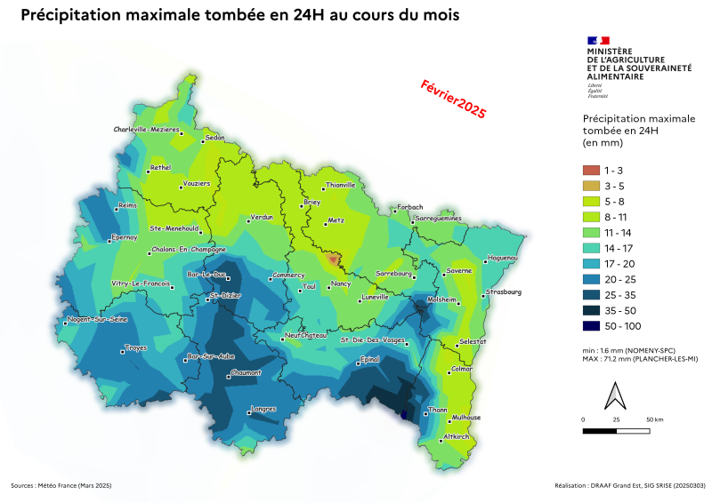 Image 3 : Précipitation maximale tombée en 24H en février 2025