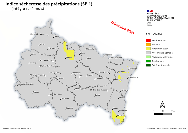 Image 1 : En décembre 2024 dans le Grand Est, les précipitations sont déficitaires par rapport à celles de la Normale. Néanmoins l'indice sécheresse des précipitations se stabilise autour de la Normale.