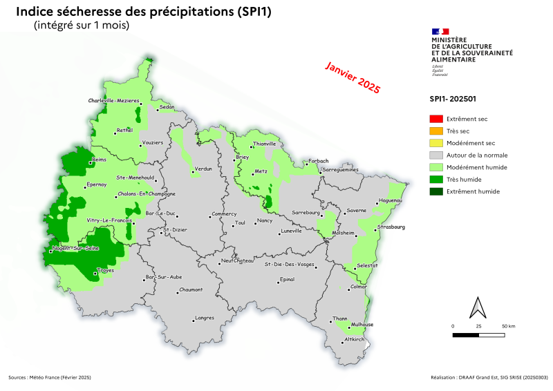 Image 2 : En janvier 2025 dans le Grand Est, l'indice sécheresse des précipitation est globalement autour de la Normale. Toutefois les fortes précipitations dans les départements de l'Aube, de la Marne, des Ardennes, de la Moselle et du Bas-rhin y ont fait évoluer cet indice : passant à modérément humide voir très humide.
