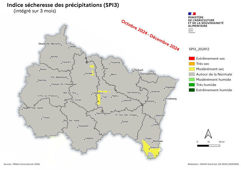 Image 1 : L'indice sécheresse des précipitations d'octobre à décembre 2024 est situé autour de la Normale.