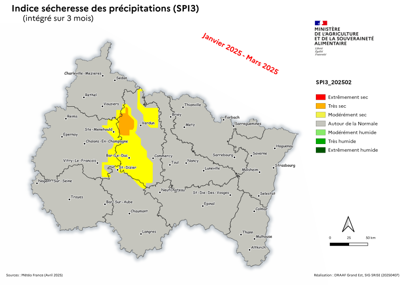 Image 4 : Indice sécheresse des précipitations - janvier 2025 à mars 2025