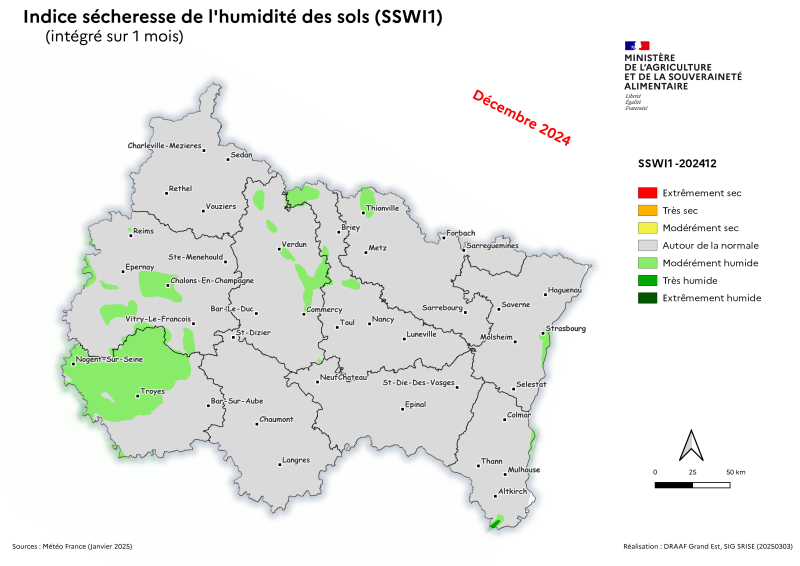 Image 1 : En décembre 2024 dans le Grand Est, l'indice d'humidité des sol est autour de la Normale. Il tend à être modérément humide entre Troyes et Epernay, aux abords de la Meuse de Commercy à Sedan