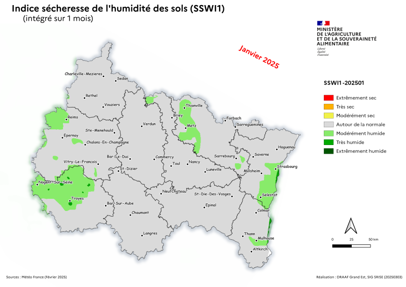 Image 2 : En janvier 2025 dans le Grand Est, l'indice d'humidité des sols est autour de la Normale. Il tend à être modérément humide entre Troyes et Reims, aux abords de la Mosellede Metz à Thionville et dans les rieds alsaciens