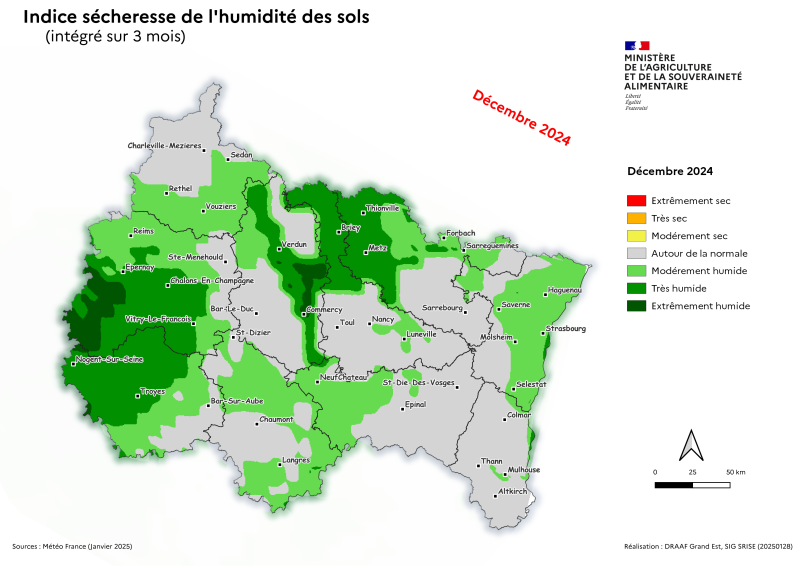 Image 2 : D'octobre à décembre 2024 dans le Grand Est, l'indice d'humidité des sols est autour de la Normale. Il tend à être modérément très humide à exceptionnelement humide dans l'Aube, la Marne et la moitié sud est des Ardennes, aux abords de la Meuse et de la Moselle. Il est modérément humide dans la plaine bas-rhinoise, l'ouest vosgien et une bonne moitié de la Haute-Marne.