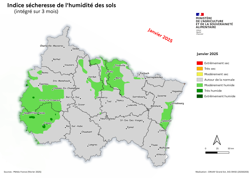 Image 1 : Indice sécheresse de l'humidité des sols - novembre 2024 à janvier 2025