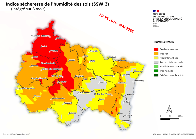 Image 6 : Indice sécheresse de l'humidité des sols - mars 2025 à mai 2025