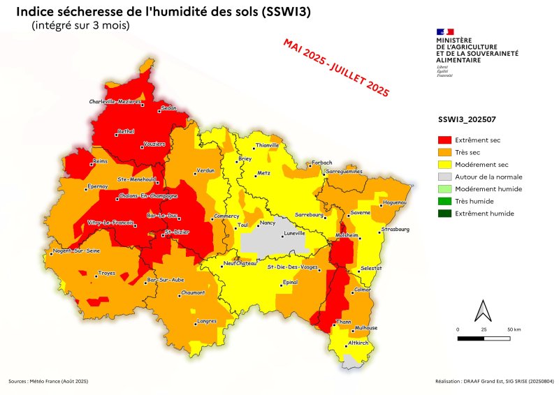Image 3 : Indice sécheresse de l'humidité des sols - mai à juillet 2025