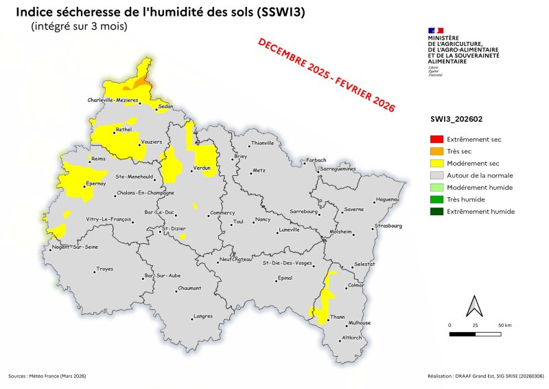 Image 6 : Indice s&eacute;cheresse de l'humidit&eacute; des sols - d&eacute;cembre 2025 &agrave; f&eacute;vrier 2026