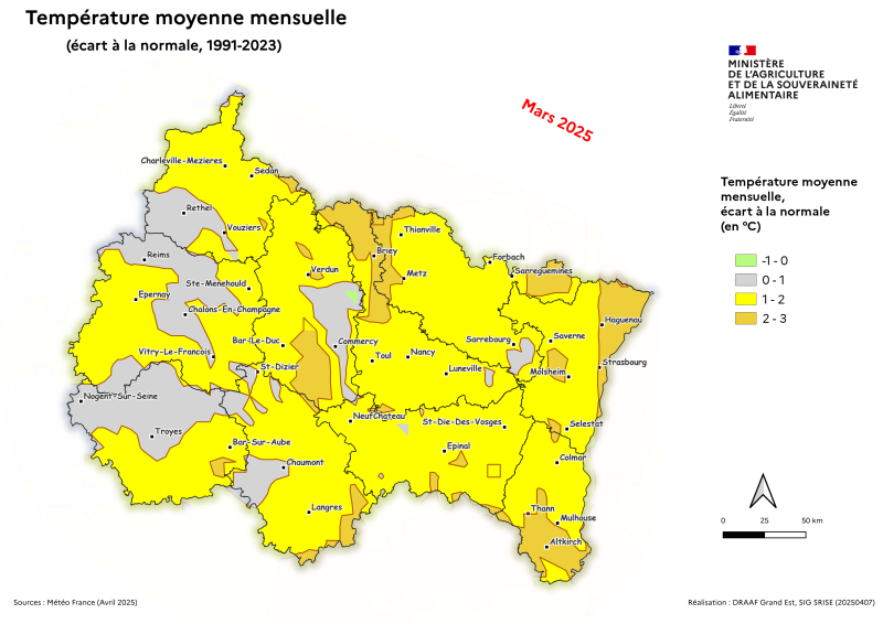 Image 4 : Température moyenne mensuelle (écart à la normale 1991-2023) - mars 2025