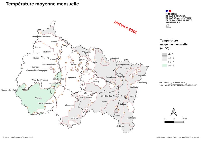 Image 5 : La carte pr&eacute;sente la temp&eacute;rature moyenne mensuelle du mois de janvier 2026 dans la r&eacute;gion Grand-Est. On distingue deux grandes zones : une partie la plus froide, o&ugrave; la moyenne avoisinne les 0 degr&eacute;s Celsius &agrave; l'est d'un axe Metz-Chaumont. A l'ouest de cet axe, la moyenne est au dessus de deux degr&eacute;s Celsius et m&ecirc;me sup&eacute;rieure &agrave; quatre degr&eacute;s dans l'Aube. 