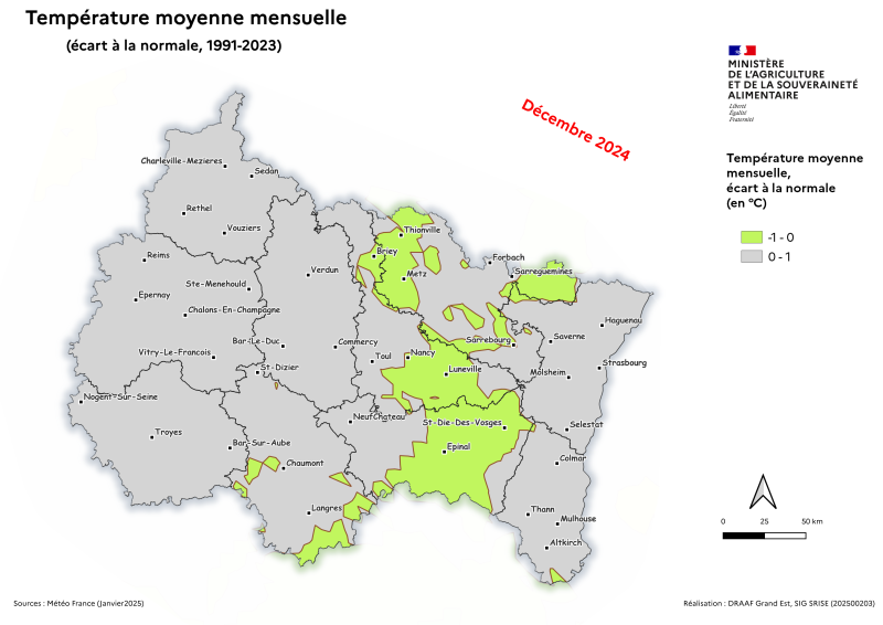 Image 1 : Température moyenne mensuelle (écart à la normale 1991-2023) - décembre 2024