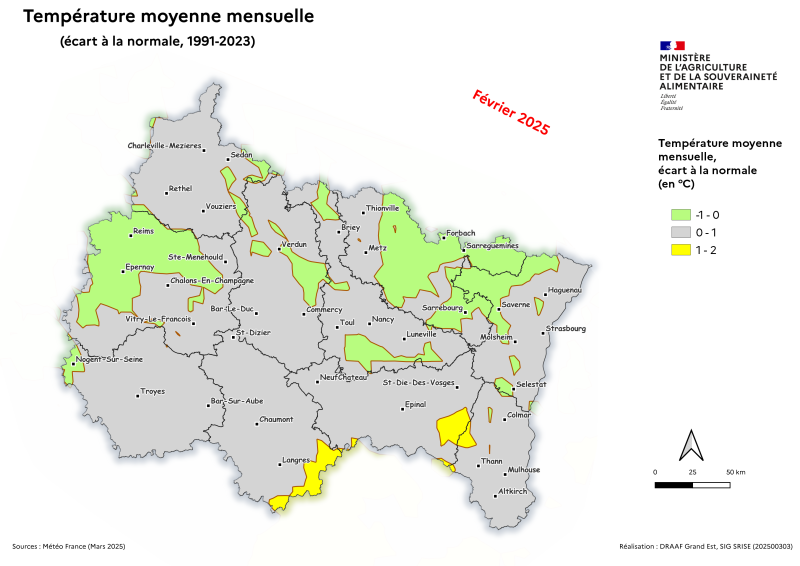 Image 3 : Température moyenne mensuelle (écart à la normale 1991-2023) - février 2025