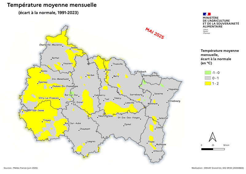Image 6 : Température moyenne mensuelle (écart à la normale 1991-2023) - mai 2025