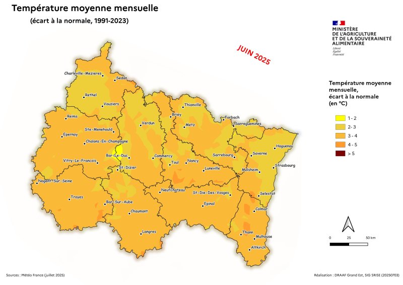 Image 7 : Température moyenne mensuelle (écart à la normale 1991-2023) - juin 2025
