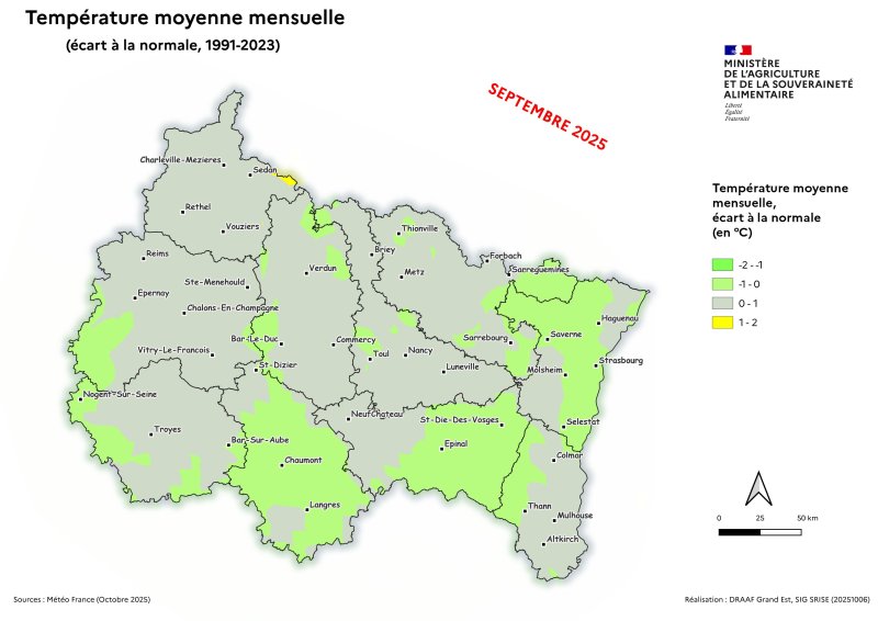 Image 5 : Température moyenne mensuelle (écart à la normale 1991-2023) - septembre 2025