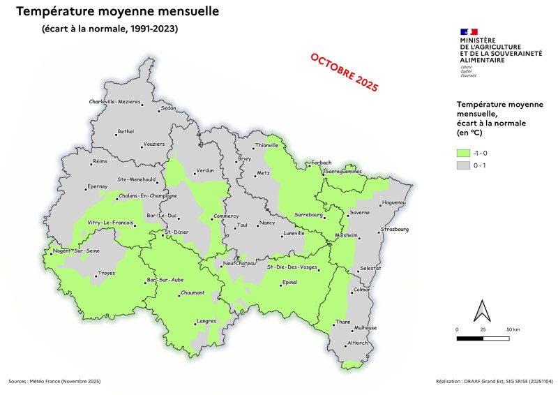 Image 6 : Température moyenne mensuelle (écart à la normale 1991-2023) - octobre 2025