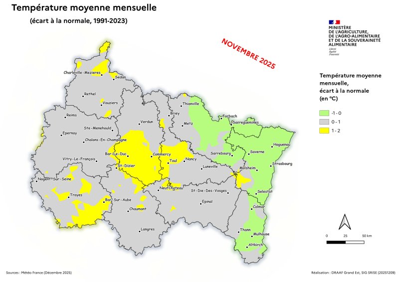 Image 7 : Temp&eacute;rature moyenne mensuelle (&eacute;cart &agrave; la normale 1991-2023) - novembre 2025