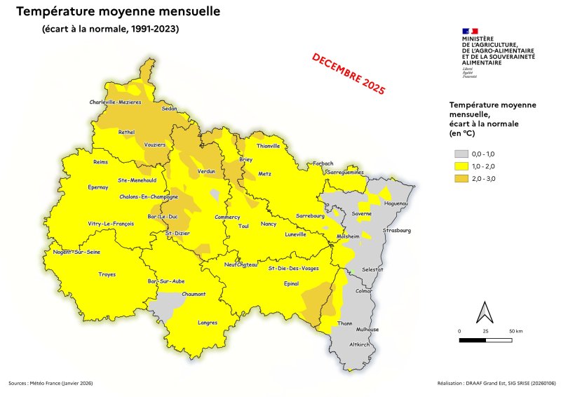 Image 4 : Temp&eacute;rature moyenne mensuelle (&eacute;cart &agrave; la normale 1991-2023) - d&eacute;cembre 2025