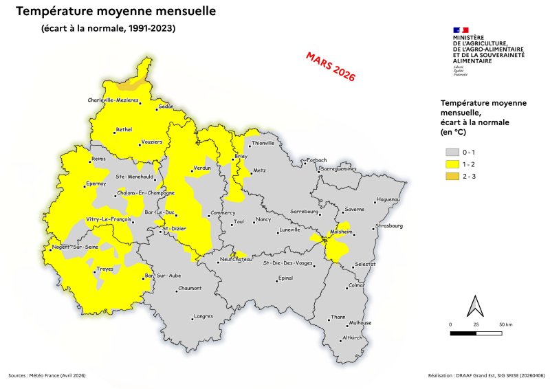 Image 7 : Temp&eacute;rature moyenne mensuelle (&eacute;cart &agrave; la normale 1991-2023) - mars 2026