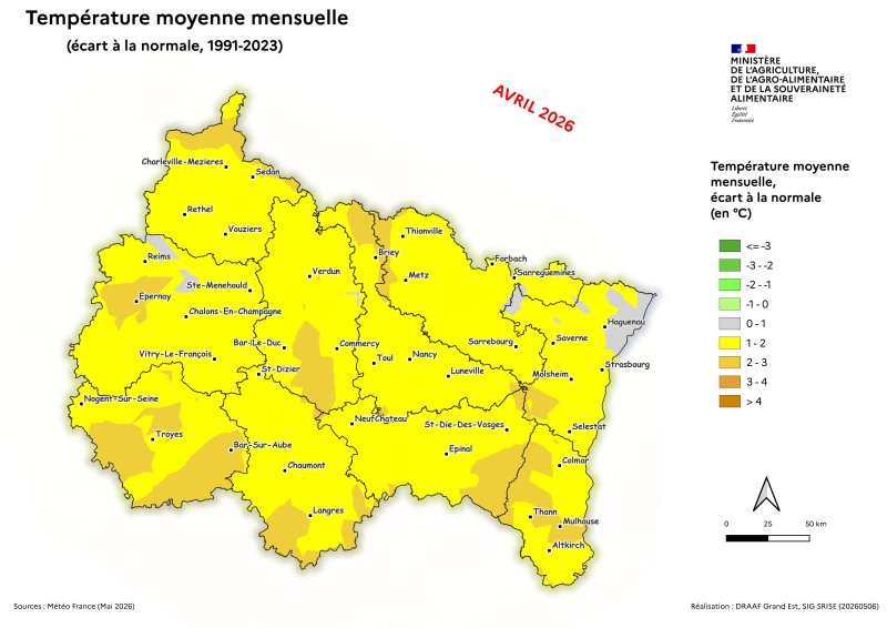 Image 8 : Temp&eacute;rature moyenne mensuelle (&eacute;cart &agrave; la normale 1991-2023) - avril 2026