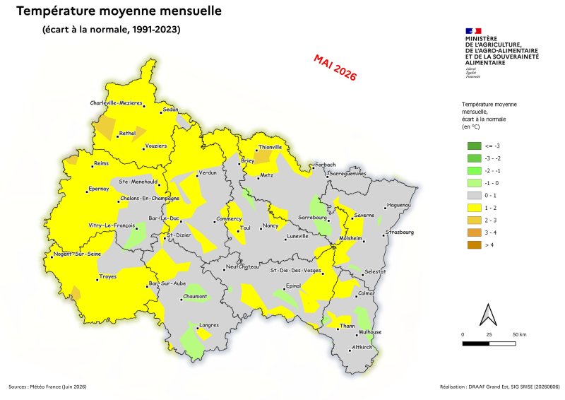 Image 9 : Temp&eacute;rature moyenne mensuelle (&eacute;cart &agrave; la normale 1991-2023) - mai 2026