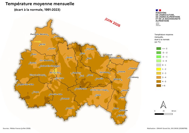 Image 6 : Temp&eacute;rature moyenne mensuelle (&eacute;cart &agrave; la normale 1991-2023) - juin 2026