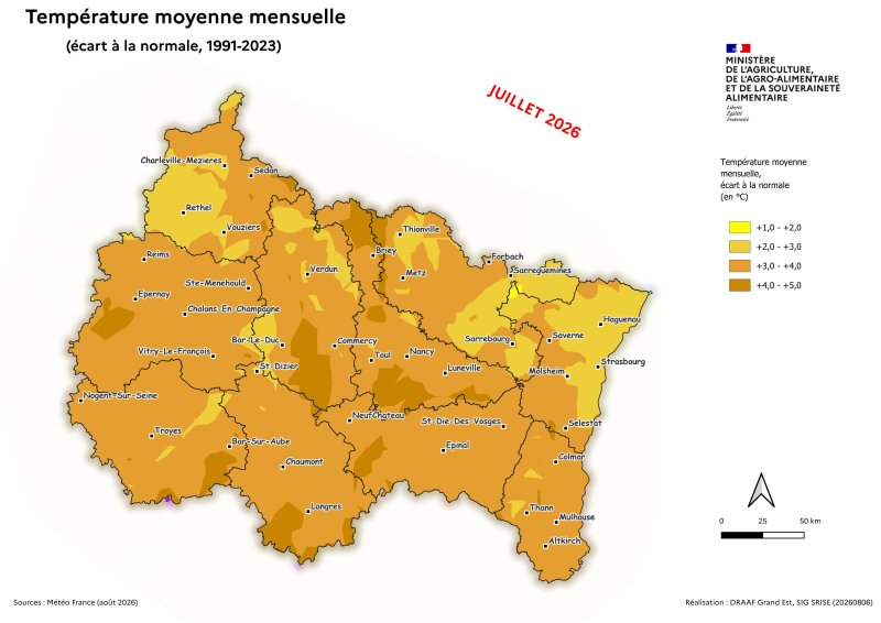 Image 7 : Temp&eacute;rature moyenne mensuelle (&eacute;cart &agrave; la normale 1991-2023) - juillet 2026