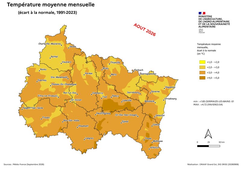 Image 5 : Temp&eacute;rature moyenne mensuelle (&eacute;cart &agrave; la normale 1991-2023) - aout 2026