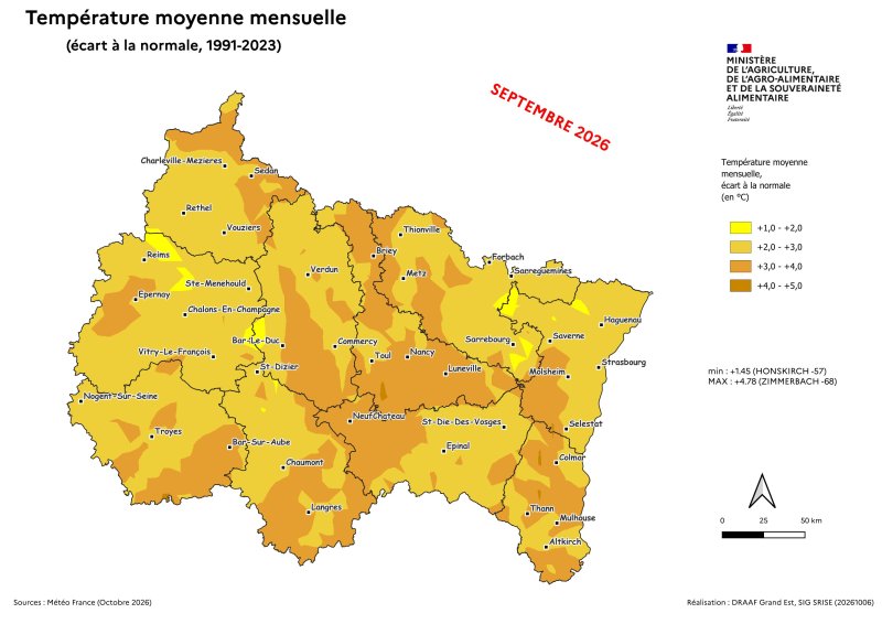 Image 6 : Temp&eacute;rature moyenne mensuelle (&eacute;cart &agrave; la normale 1991-2023) - septembre 2026