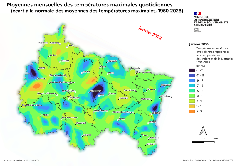 Image 2 : Les températures moyennes des maximas quotidiens de janvier 2025 dans le Grand Est sont très hétérogènes et très éloignées des températures équivalentes de la Normale. Allant à des températures plus basses de -11°C (Reims, Toul, Sélestat) à des températures plus chaudes (Meuse, Marne et Ardennes) autour de +3°C.