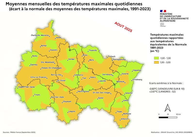 Image 4 : Moyenne mensuelle des maximas quotidiens (écart à la Normale, 1991-1923) - août 2025