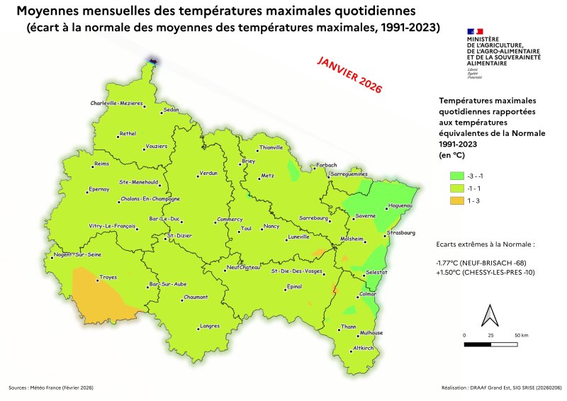 Image 5 : Moyenne mensuelle des maximas quotidiens (&eacute;cart &agrave; la Normale, 1991-1923) - janvier 2026