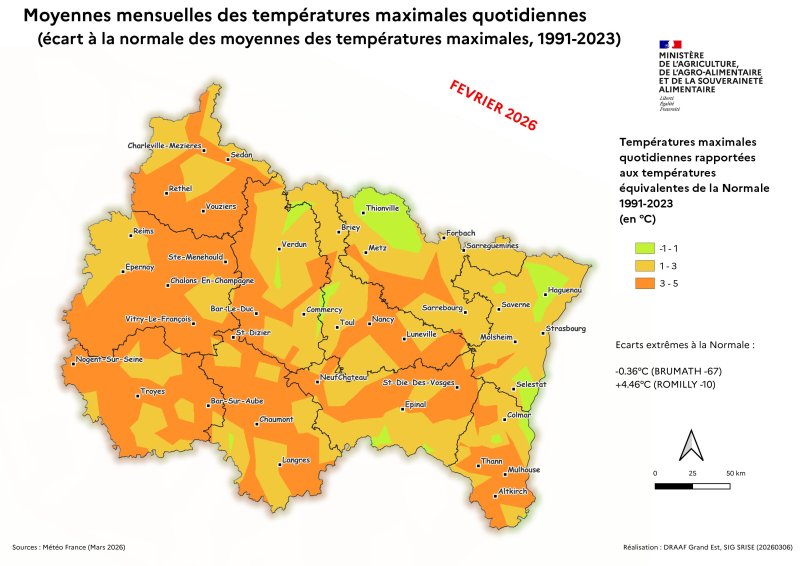 Image 6 : Moyenne mensuelle des maximas quotidiens (&eacute;cart &agrave; la Normale, 1991-1923) - f&eacute;vrier 2026