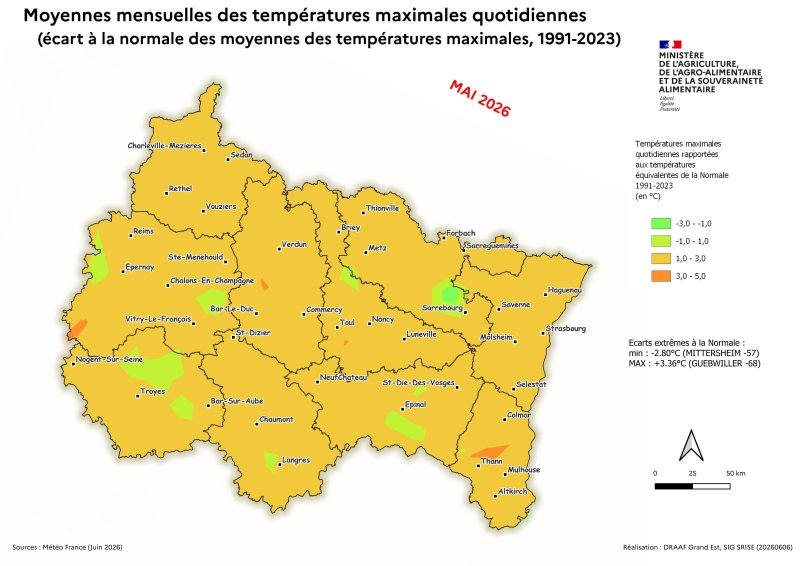 Image 9 : Moyenne mensuelle des maximas quotidiens (&eacute;cart &agrave; la Normale, 1991-1923) - mai 2026