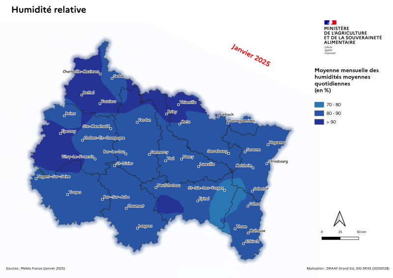 Image 2 : Moyenne mensuelle des humidités relatives quotidiennes - janvier 2025