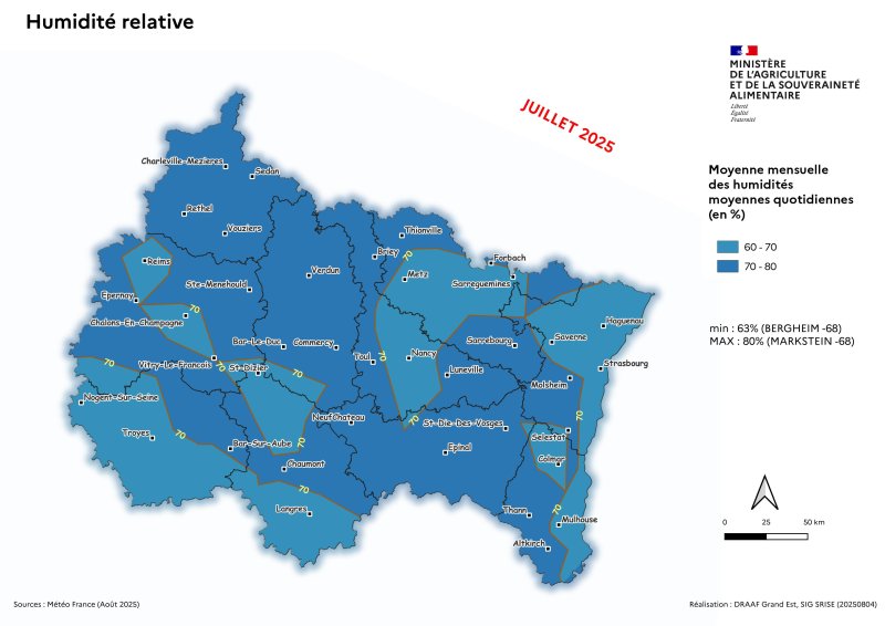 Image 3 : Moyenne mensuelle des humidités relatives quotidiennes - juillet 2025