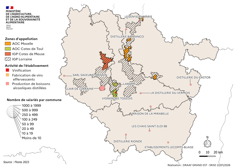 En Lorraine on retrouve en majorité des IAA de la catégorie "Production de boissons alcooliques distillées" avec peu d'ETP réparties sur tout le territoire.