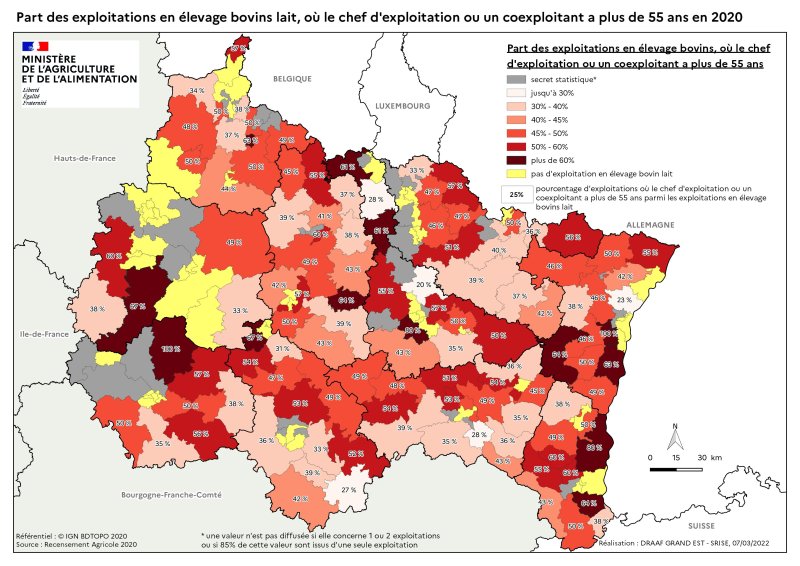 Image 8 : Part des exploitations en élevage bovins lait dont le chef d'exploitation a plus de 55 ans en 2020