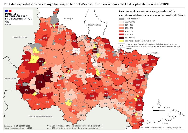 Image 7 : Part des exploitations en élevage bovins dont le chef d'exploitation a plus de 55 ans en 2020